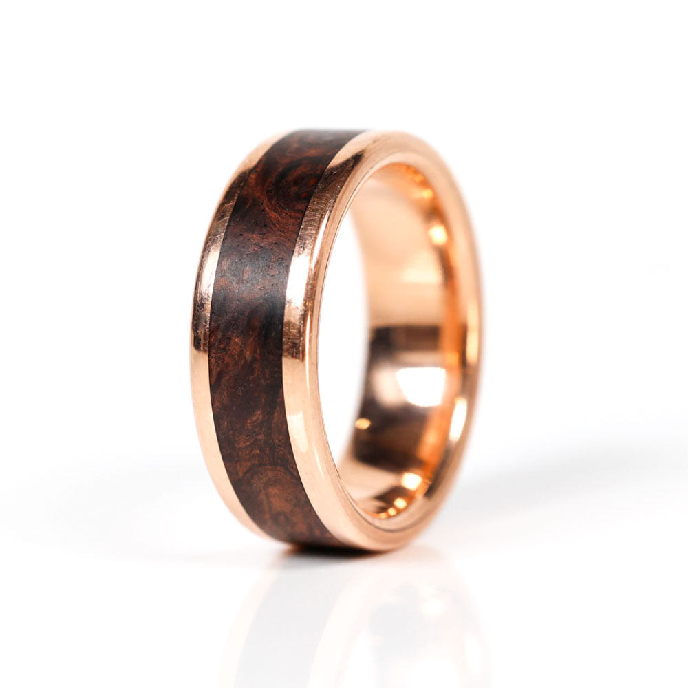 Men's Rose Gold Wedding Ring with Rosewood Burl Wood | Element Ring Co