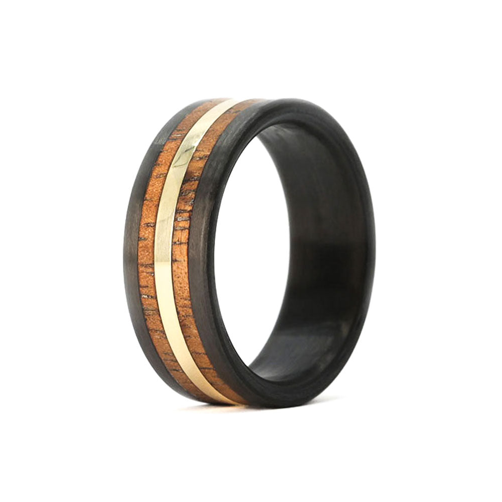 Hawaiian Koa Wood Ring with Gold Inlay and Carbon Fiber