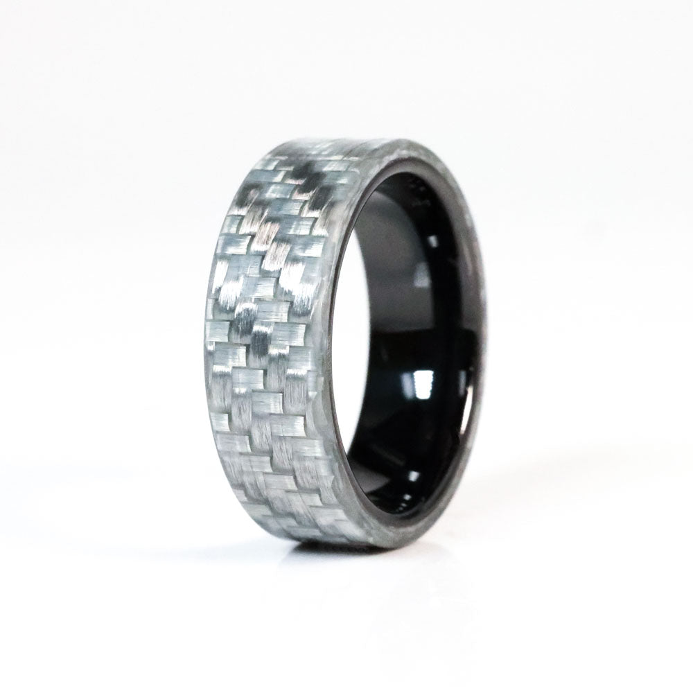 Non Conductive Black Ceramic and Silver Glass Fiber Wedding Ring, image size:1000x1000