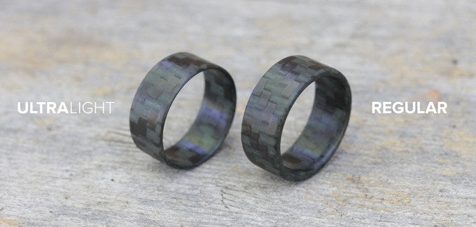 Ultralight Glowing Carbon Fiber Ring Compared To It's Thicker Variant Overhead View
