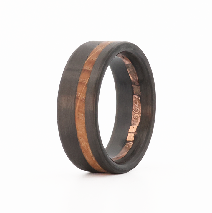 Carbon Fiber, Whiskey Barrel and penny custom ring