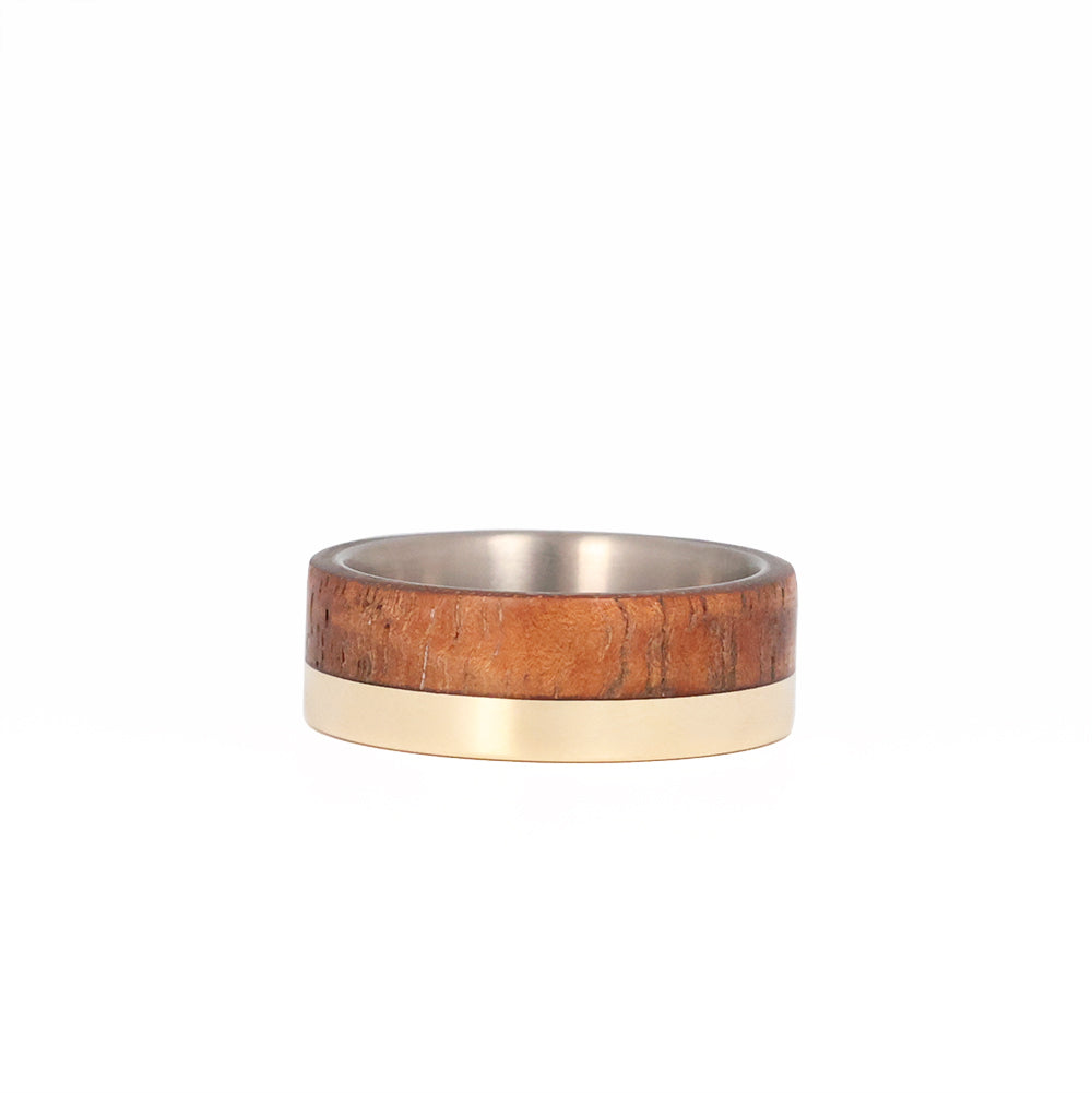 Koa Wood Wedding Ring with Gold Offset and Titanium Interior Laying Flat