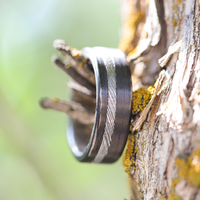 Damascus Steel Men's Ring with Carbon Fiber On A Tree