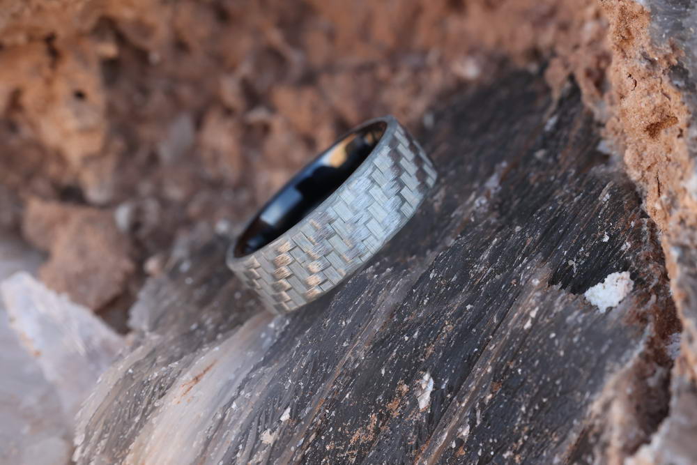 Elemenmt Rong Non Conductive Black Ceramic and Silver Glass Fiber Wedding Ring ...