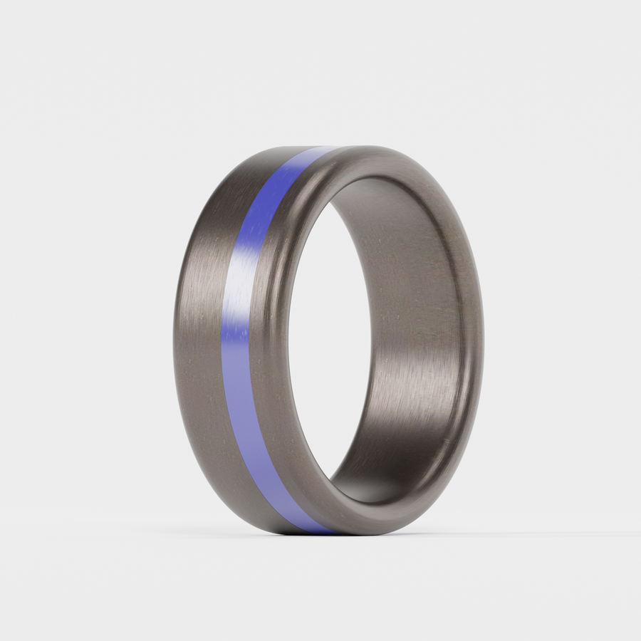 Brushed Tantalum Thin Navy Blue Line Ring