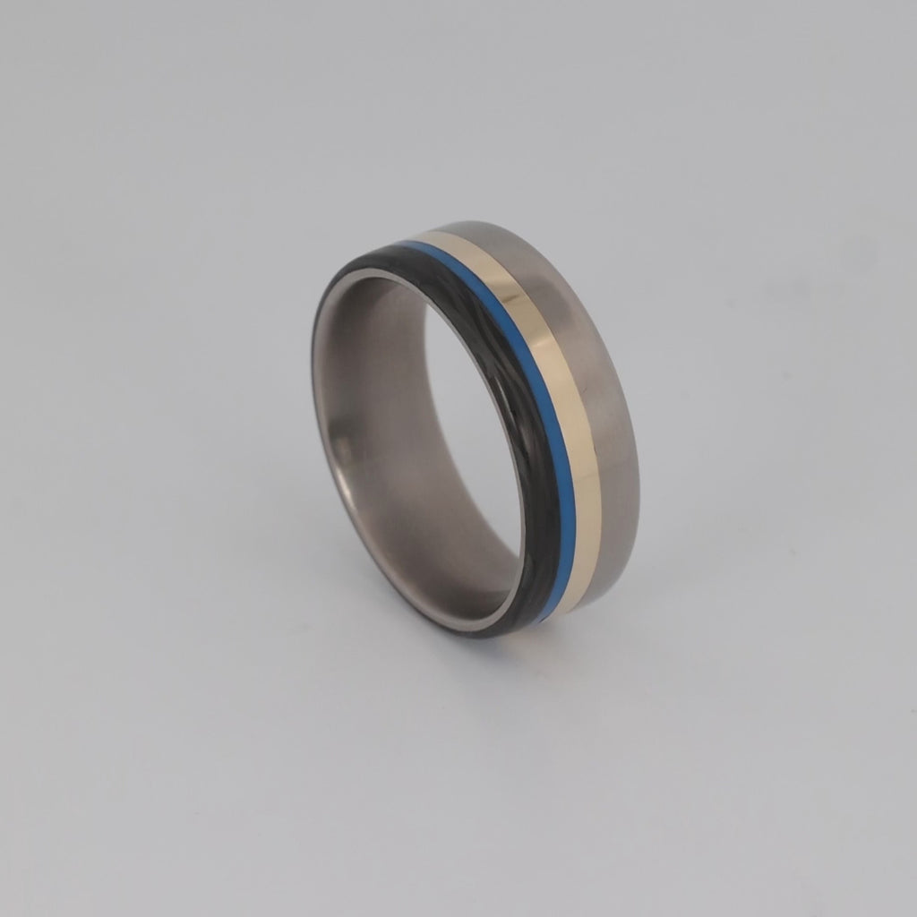 Blue and Gold Ring with Titanium and Carbon Fiber Turntable Video