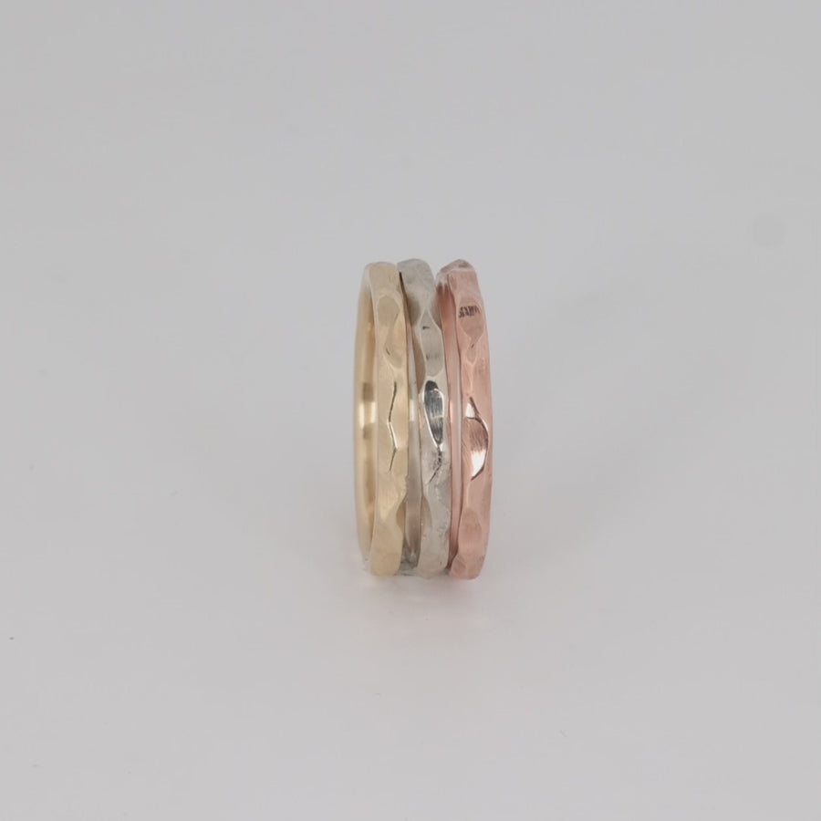 Video of gold hammered stackable rings, white gold, yellow gold and rose gold