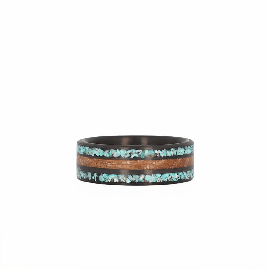 Men's Turquoise Inlay Ring with Whiskey Barrel Wood and Carbon Fiber Laying Flat