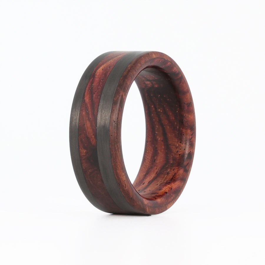 rosewood wedding ring with offset carbon fiber inlay