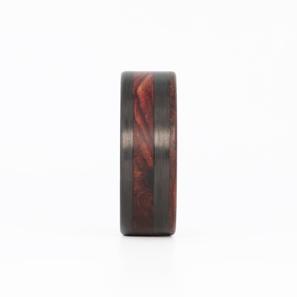 rosewood wedding ring with offset carbon fiber inlay front view