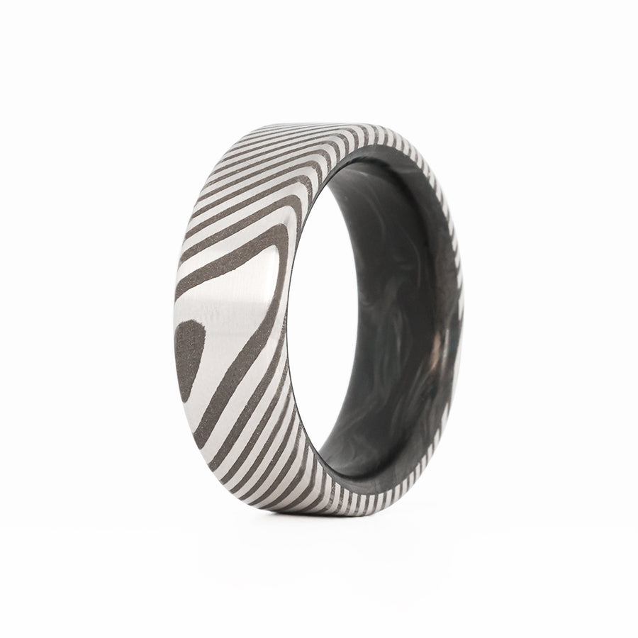 Damascus Men's Wedding Ring with Forged Carbon Fiber Interior