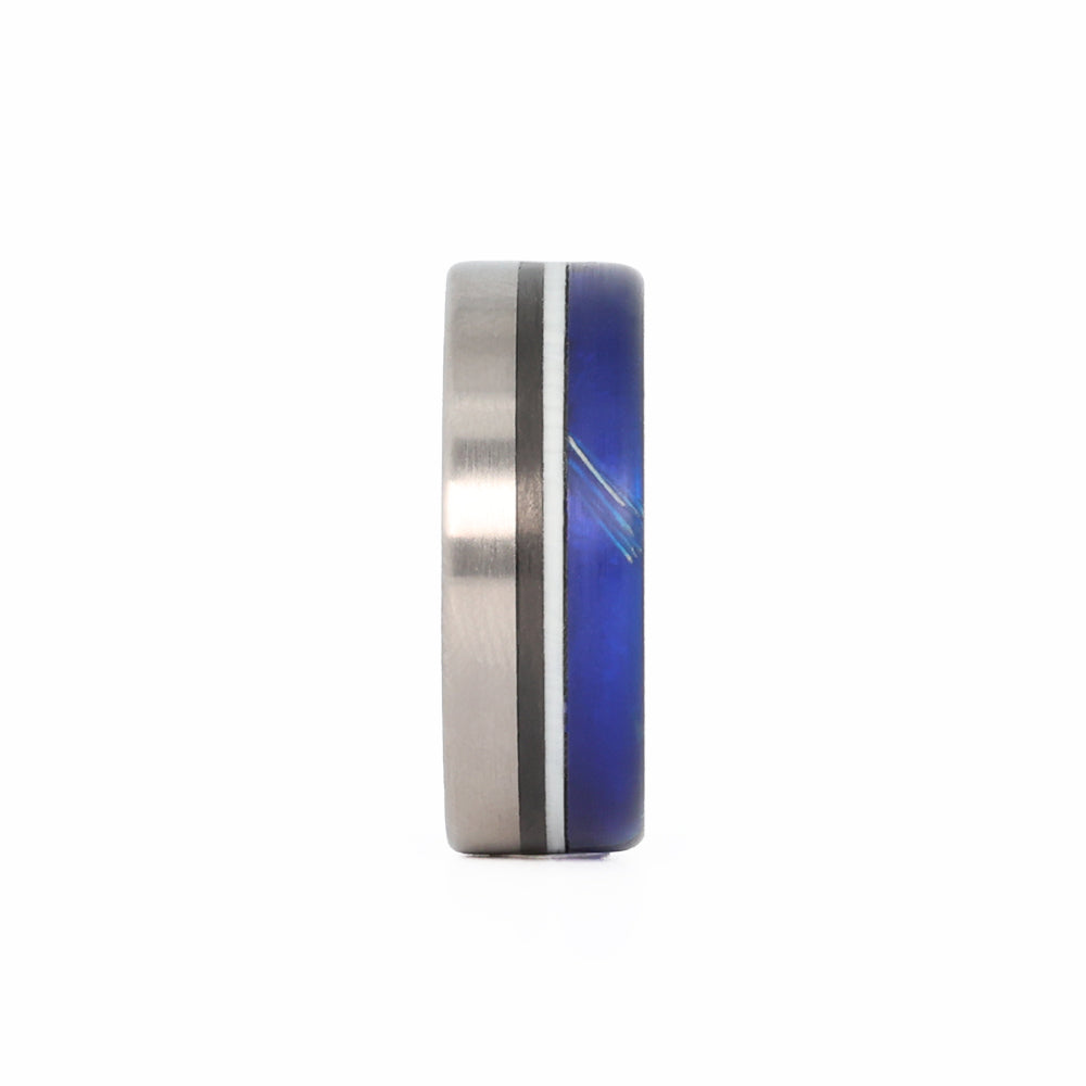 Titanium Wedding Ring with Carbon Fiber and Blue Rail Front View
