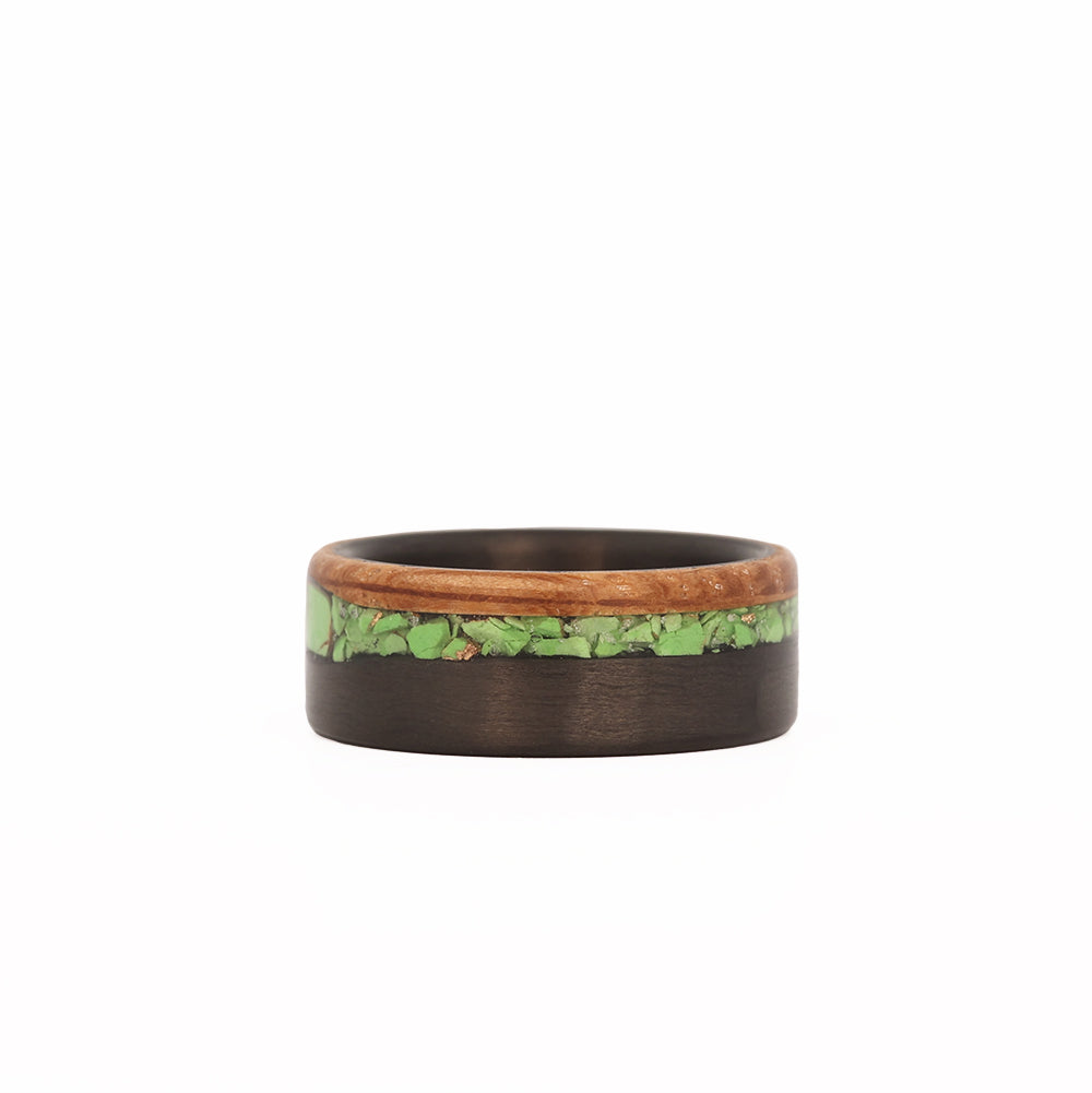 Carbon Fiber, Whiskey Barrel, and Green Turquoise Ring Flat