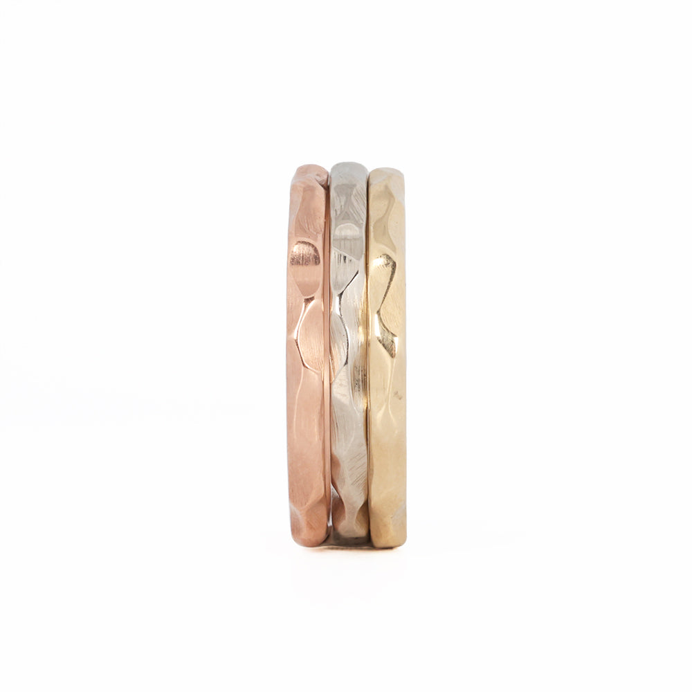 Gold hammered stackable rings front view