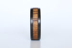 Koa Wood and Titanium wedding ring front close up