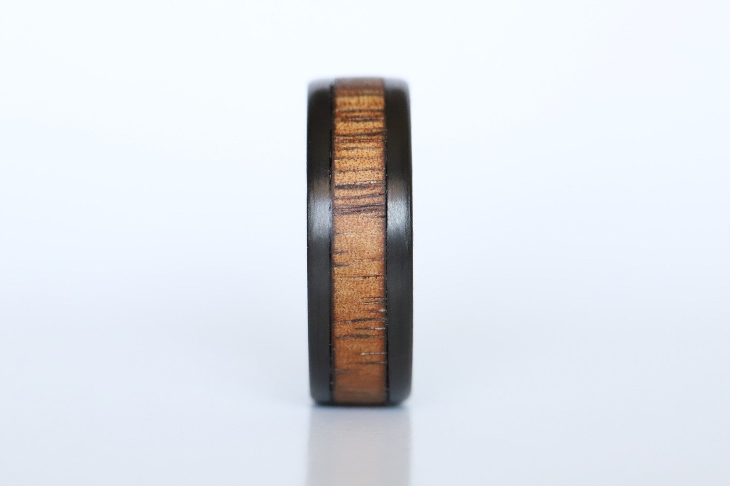 Koa Wood and Titanium wedding ring front close up