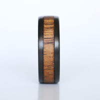 Koa Wood and Titanium wedding ring front close up