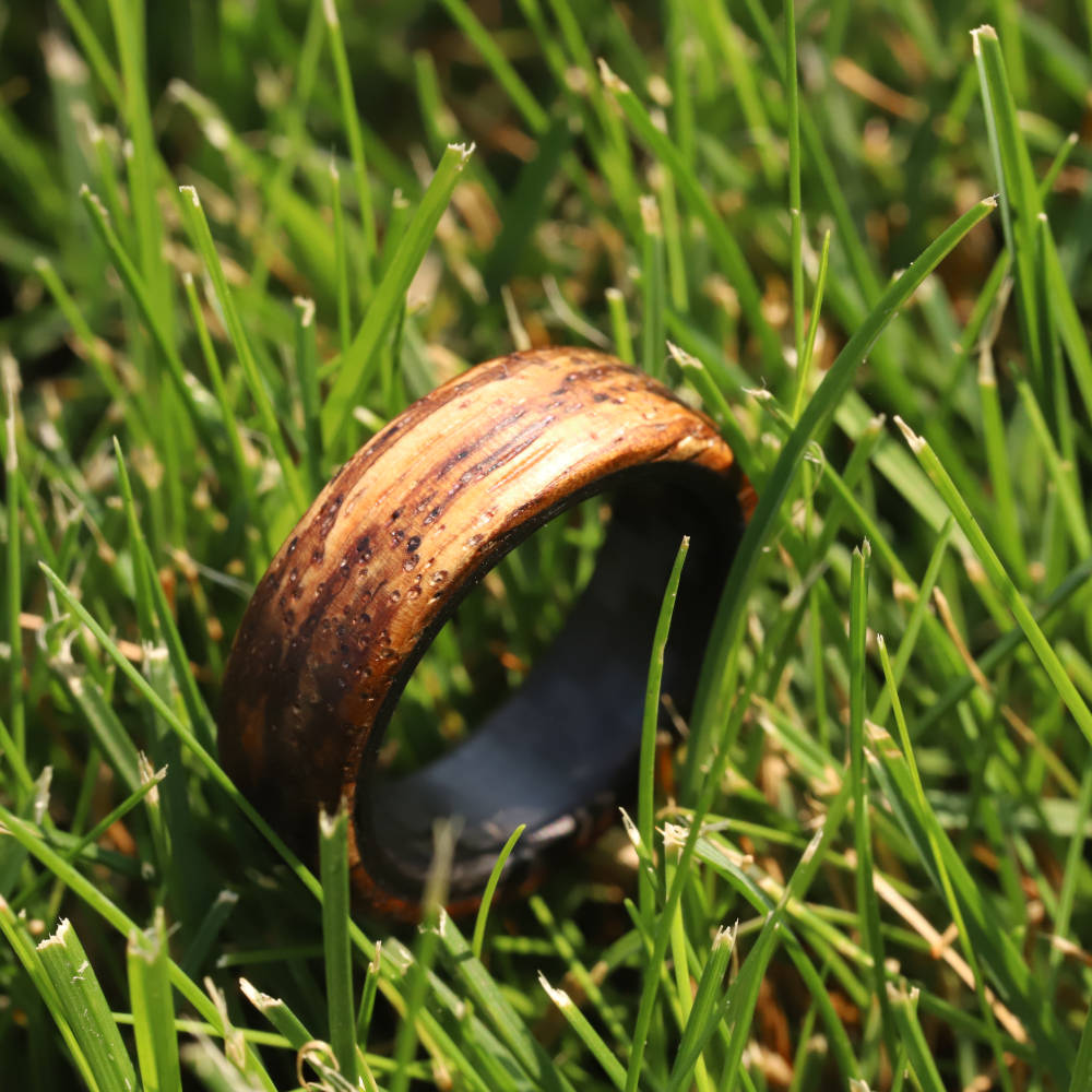 Zebra Wood Ring with Carbon Fiber Sleeve In Grass