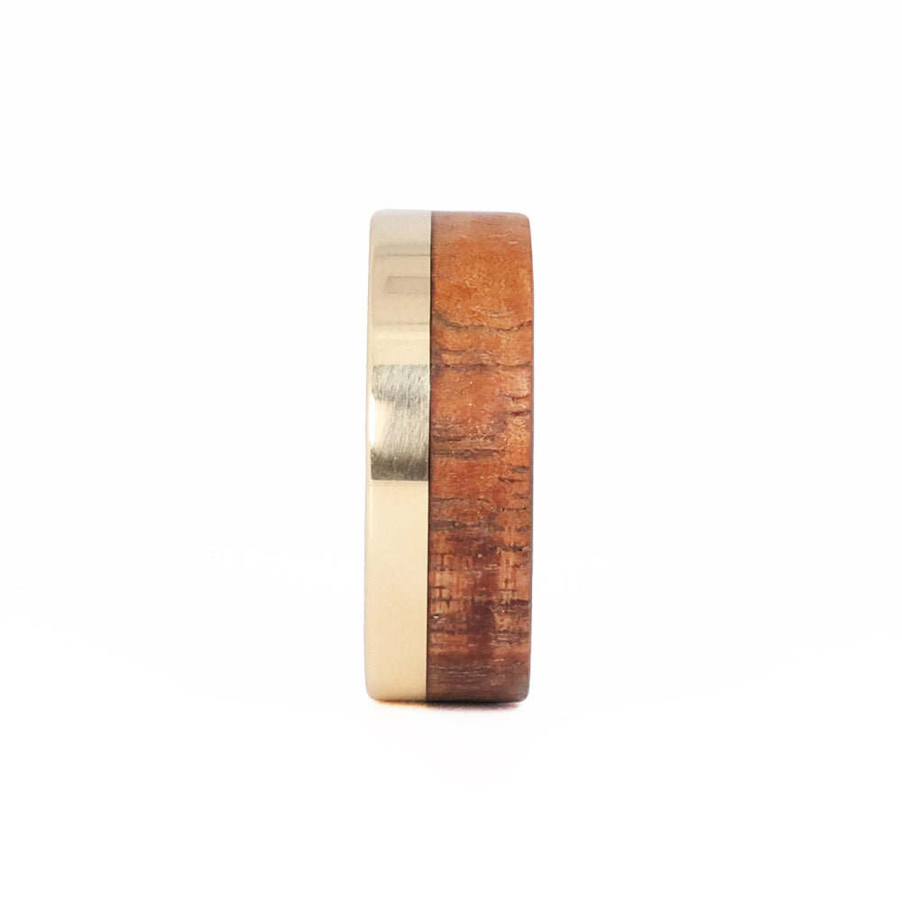 Koa Wood Wedding Ring with Gold Offset and Titanium Interior Front View