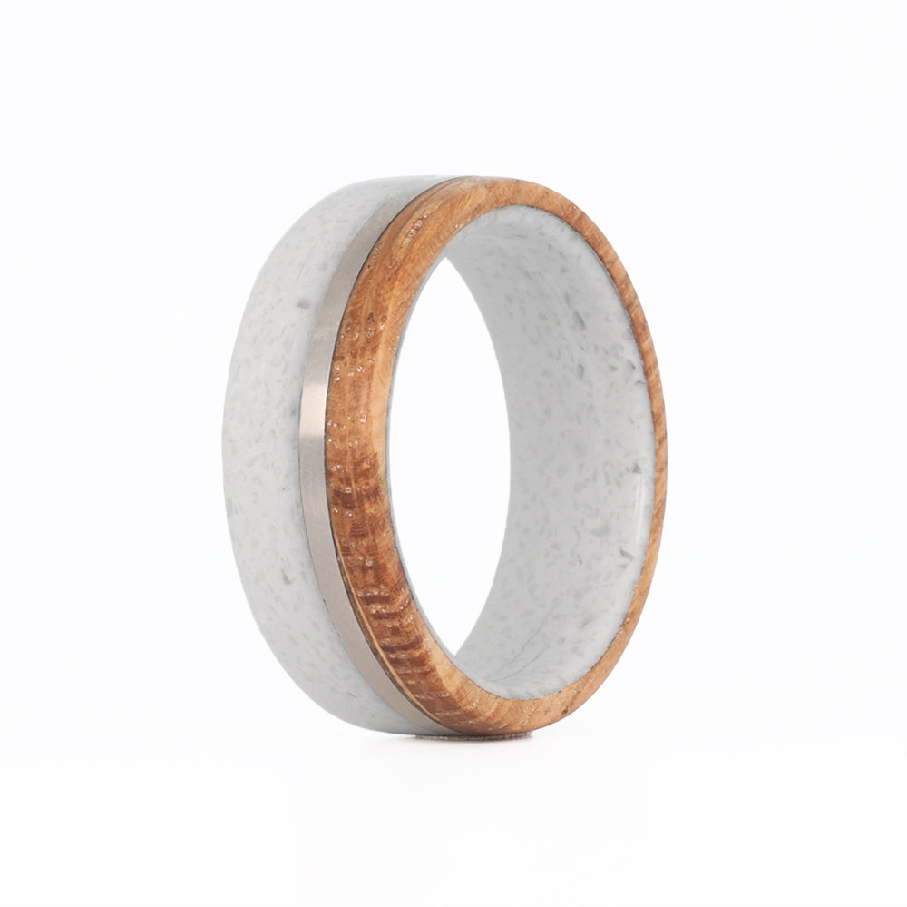 Elemenmt Rong White Concrete Wedding Ring with Titanium Inlay and Whiskey Wood ...