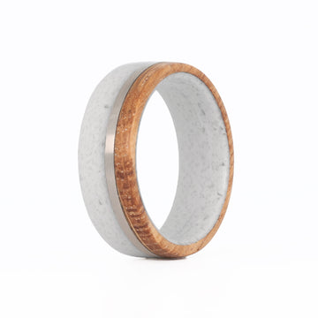 White Concrete Wedding Ring with Titanium Inlay and Whiskey Barrel Wood