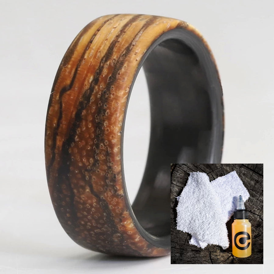Zebra Wood Ring with Carbon Fiber Sleeve With Wood Ring Care Kit