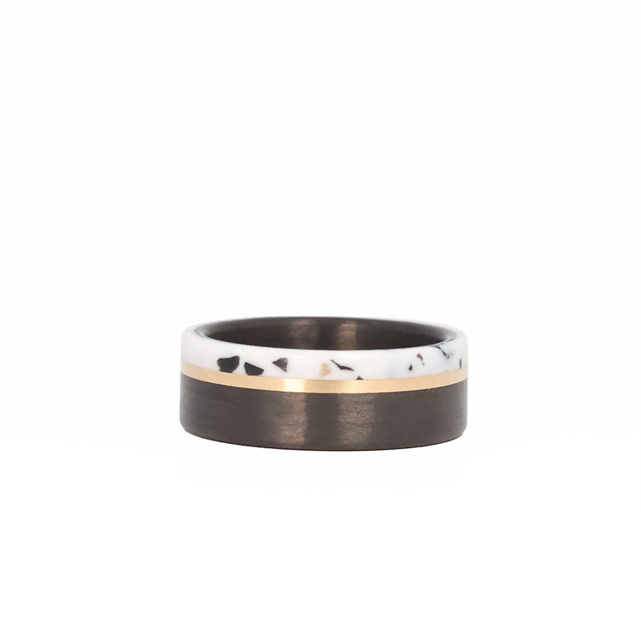 Terrazzo Men's Wedding Ring with Carbon Fiber and 14k Yellow Gold Laying Flat