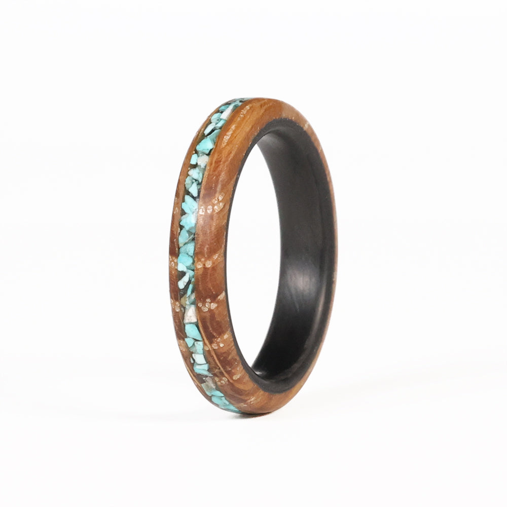 Women's Turquoise Wedding Band with Whiskey Barrel Wood