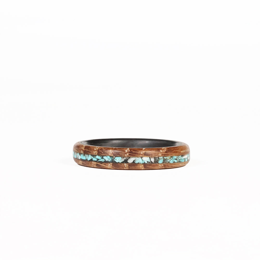 Women's Turquoise Wedding Band with Whiskey Barrel Wood Laying Flat