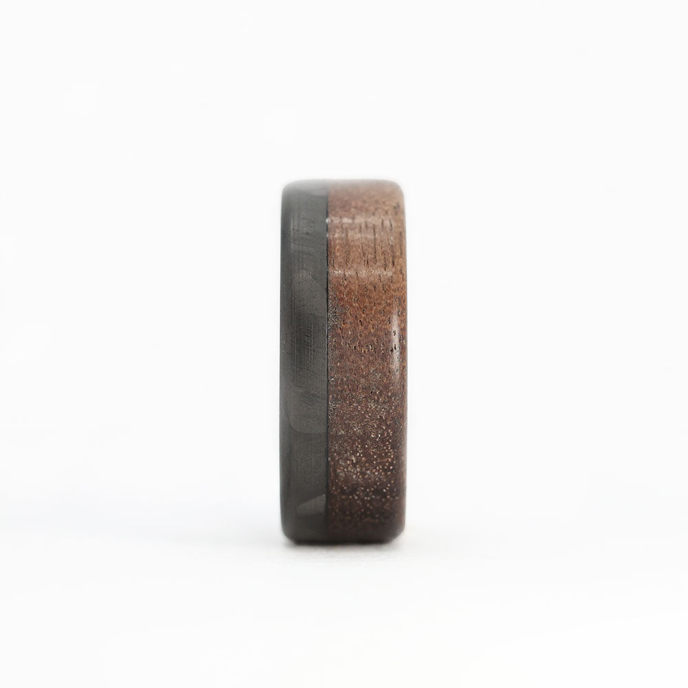 70/30 walnut wood ring with carbon fiber sleeve front view