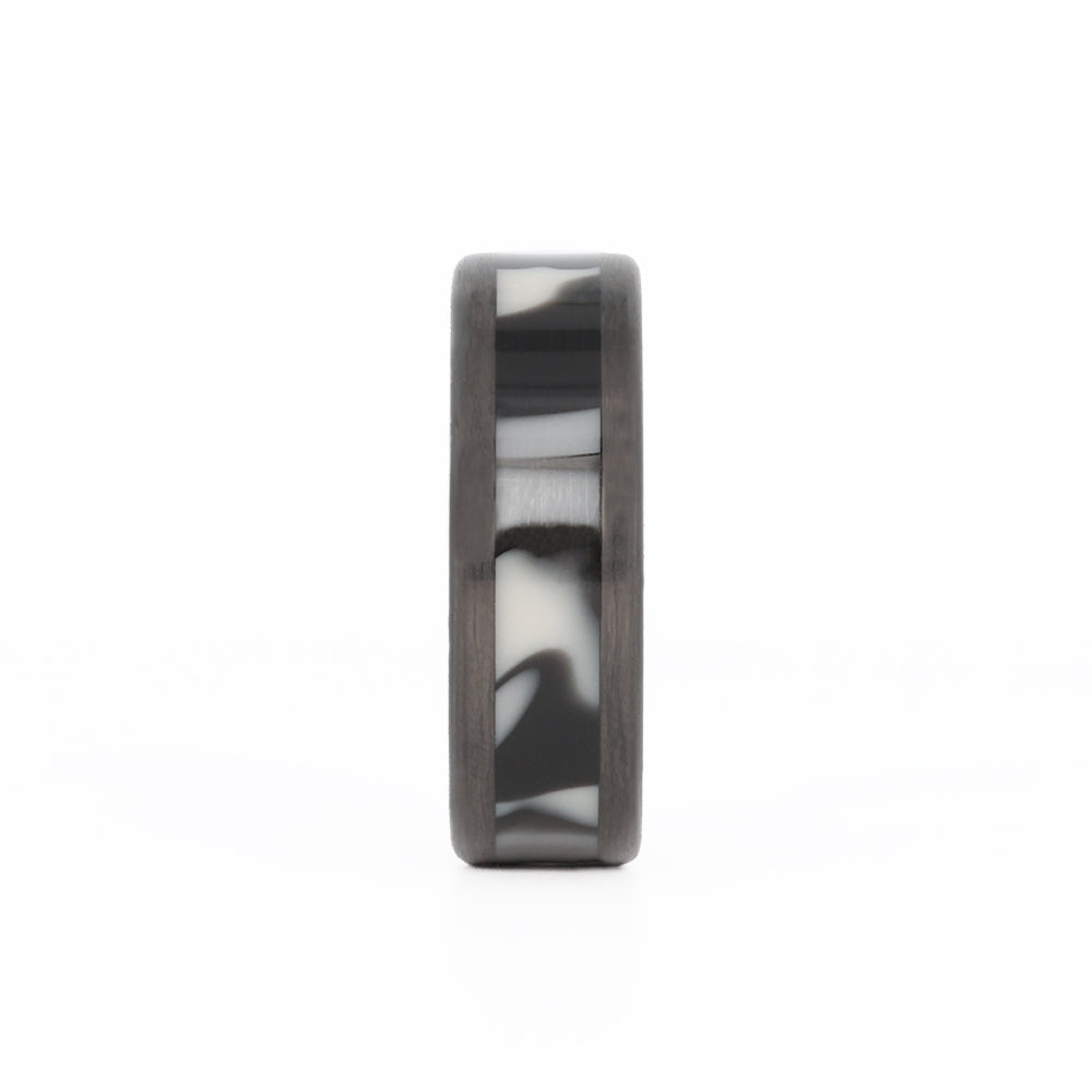 black camo wedding band with carbon fiber rails and sleeve front view