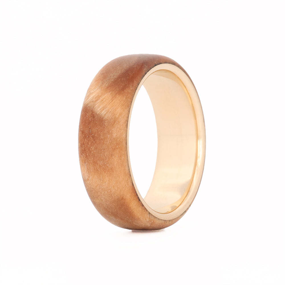 Men's Yellow Gold Wedding Band with Poplar Burl Wood