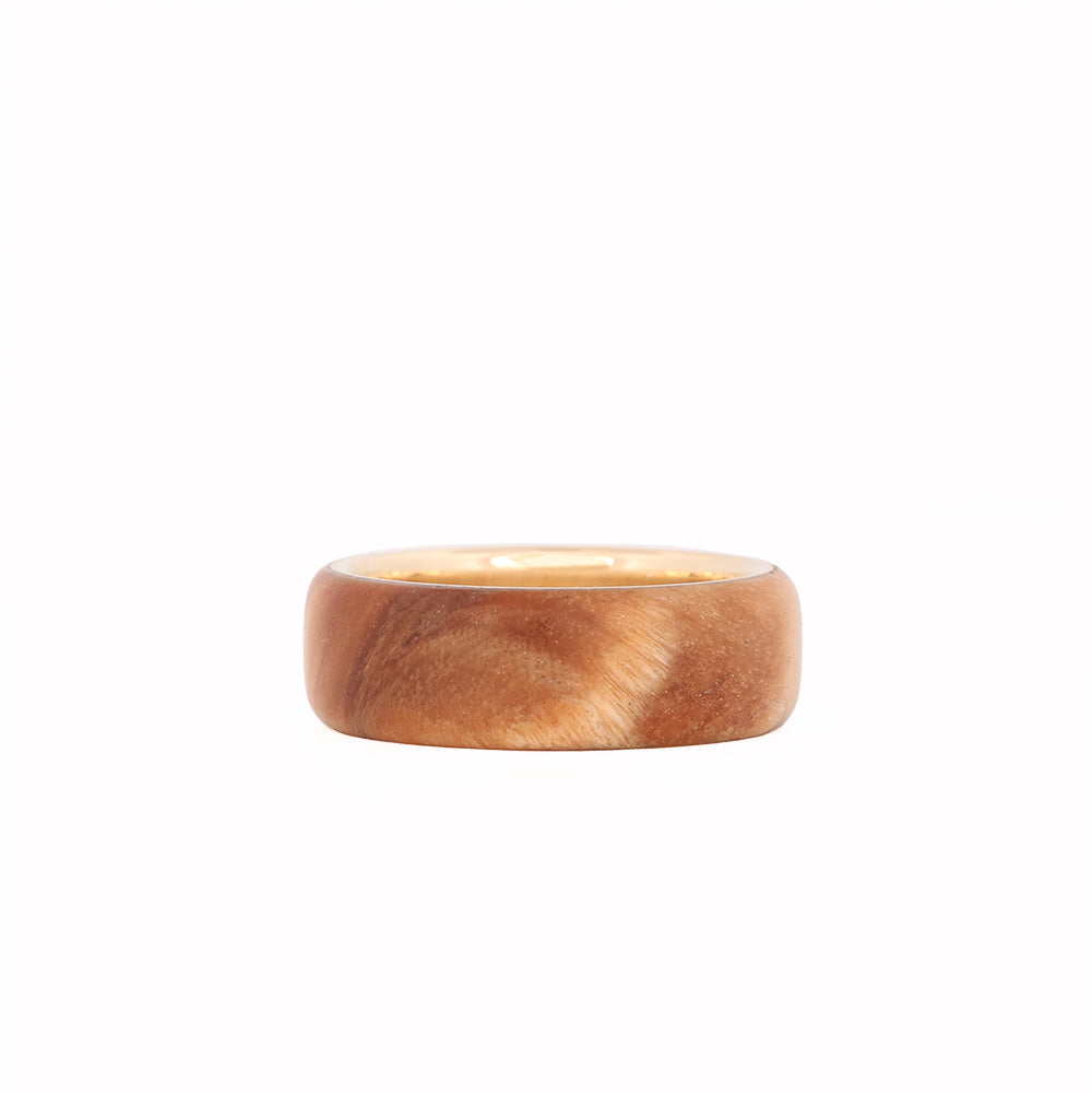 Men's Yellow Gold Wedding Band with Poplar Burl Wood Laying Flat