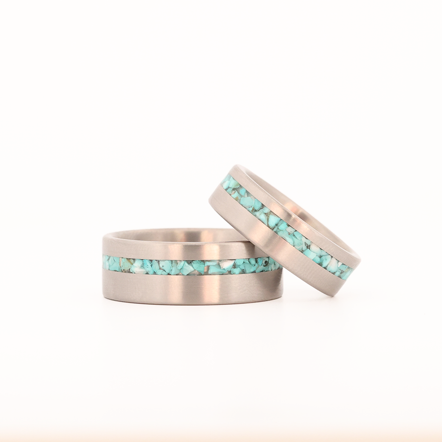 Crushed Turquoise Ring with Titanium His And Hers Set