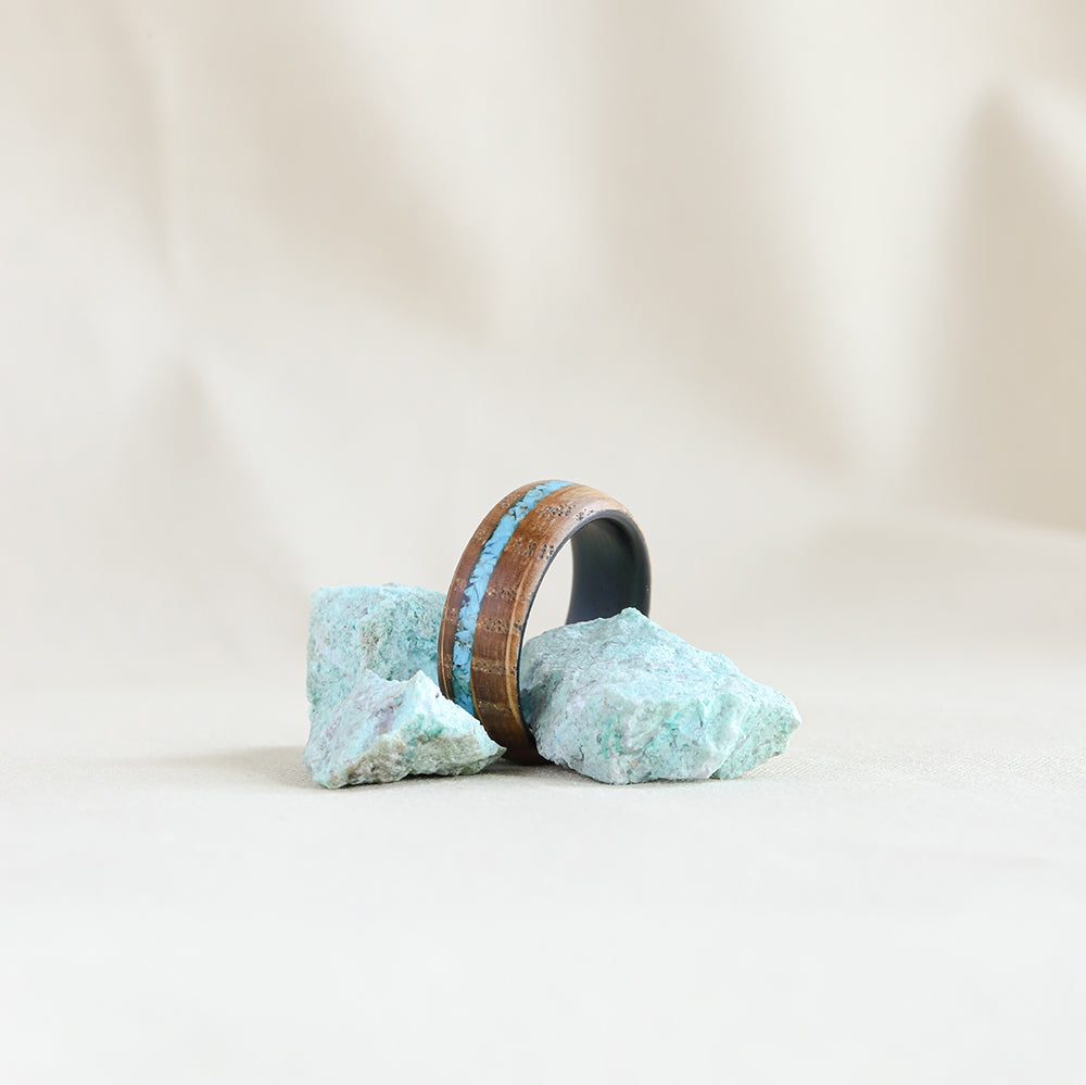 Turquoise Inlay Ring with Whiskey Barrel Wood and Carbon Fiber Sleeve In Turquoise Stones