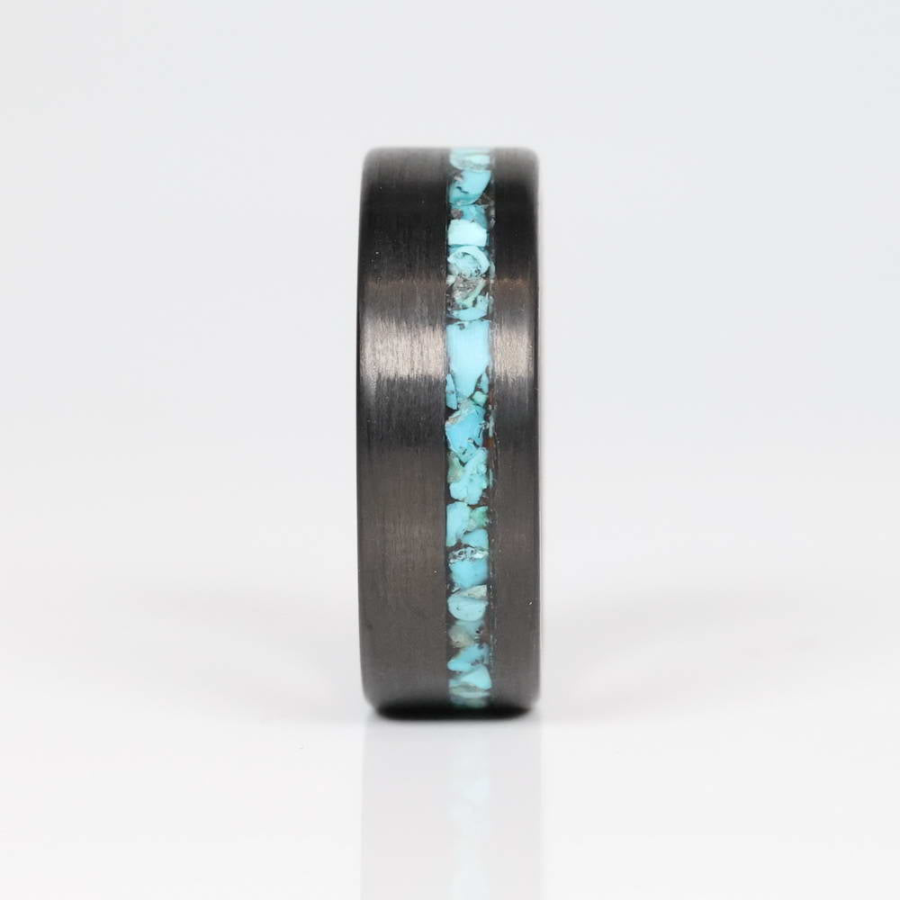 Men's Turquoise Inlay Ring with Carbon Fiber and Hawaiian Koa Wood Front View