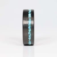Men's Turquoise Inlay Ring with Carbon Fiber and Hawaiian Koa Wood Front View