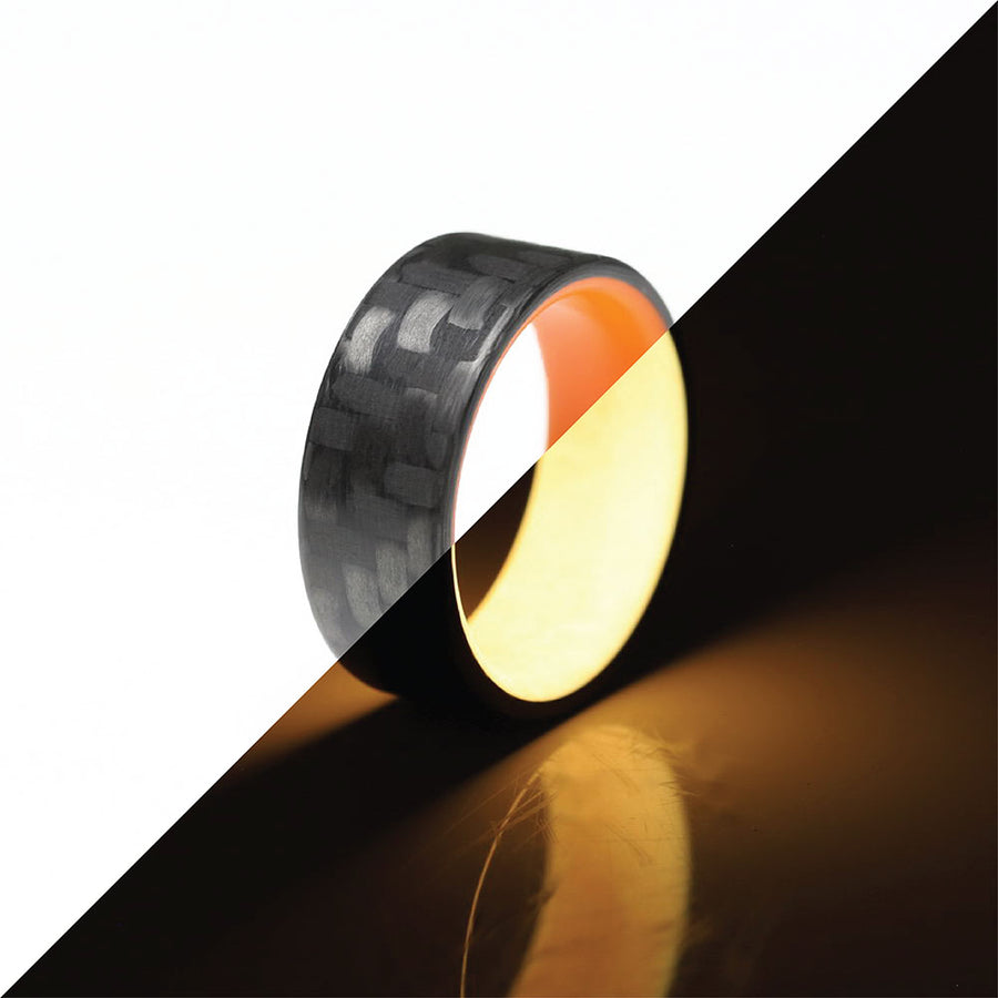 Orange Glow Ring with Carbon Fiber Regular And Glowing Comparison